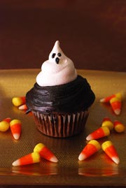 Sour Cream Chocolate Cupcakes with Simple Black Chocolate Buttercream Frosting and Meringue Ghosts Halloween dessert recipe. By Beyond Wonderful Baking Expert. Catherine Christensen.