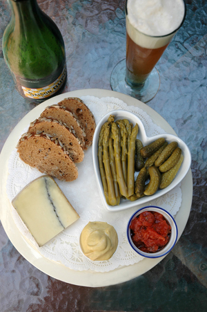 Cheese and Beer Pairing tray recipe: French Morbier cheese and Saison Farmhouse Ale, by Beyond Wonderful Cheese Expert, Mark "The Cheese Dude" Todd.