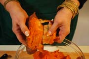 Learn how to roast sweet potatoes and yams. Beyond Wonderful presents a printable, step-by-step pictorial. Thanksgiving dinner holiday feasts recipes.