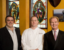 Fiachra O'Shaughnessy, Se&aacute;n Canavan, and Myles O'Reilly at O'Reilly's Holy Grail Irish restaurant in San Francisco, CA.