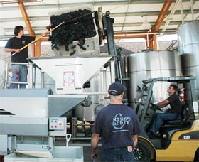 Devon carefully pulls bunches from a macrobin into the crusher as Jason operates the forklift&mdash;this requires a steady hand.
