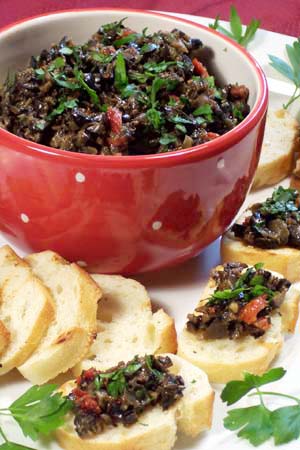 Black Olive and Sun-Dried Tomato Crostini appetizer Italian recipe